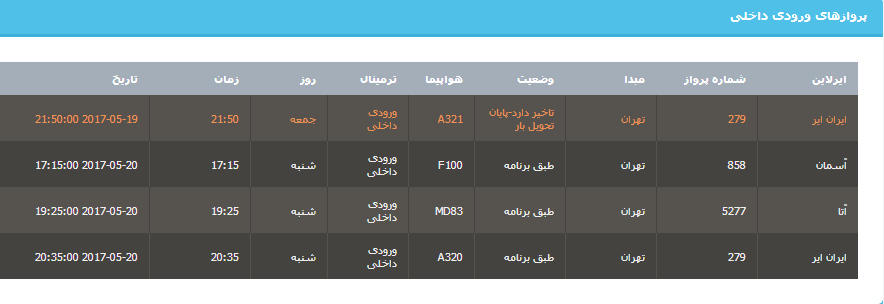 جدول برنامه های هواپیمایی ارومیه در روز شنبه 30اردیبهشت ماه 96
